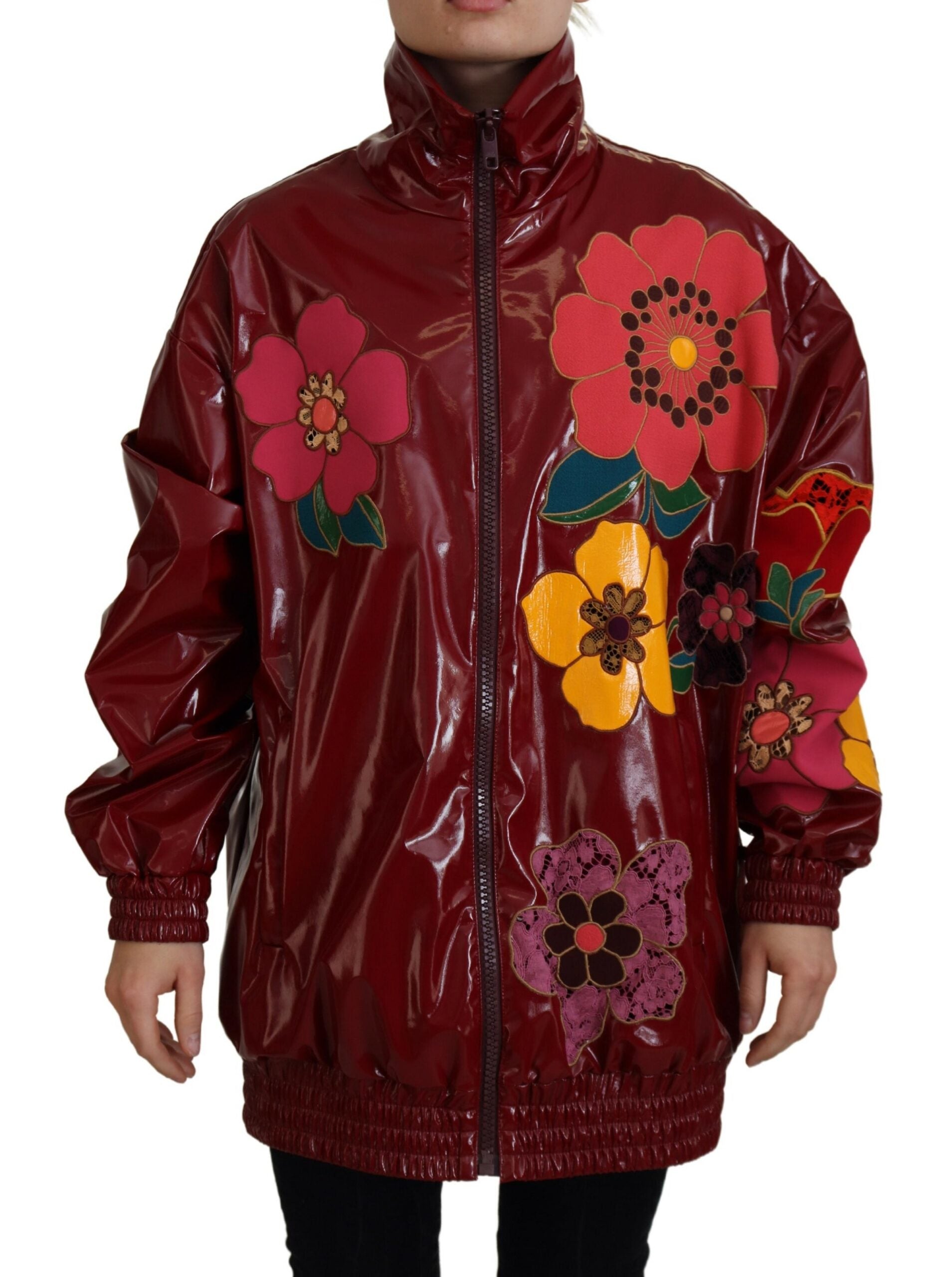 Dolce & Gabbana Maroon Floral Full Zip Polyester Women's Jacket